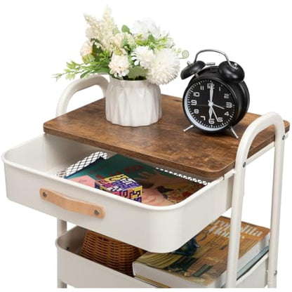 DOEWORKS Storage Trolley on Wheels Metal 3-Tier Trolley Cart with Drawer Rolling Kitchen Trolleys Beauty Trolleys with Leather Handle for Room Bathroom Office, White