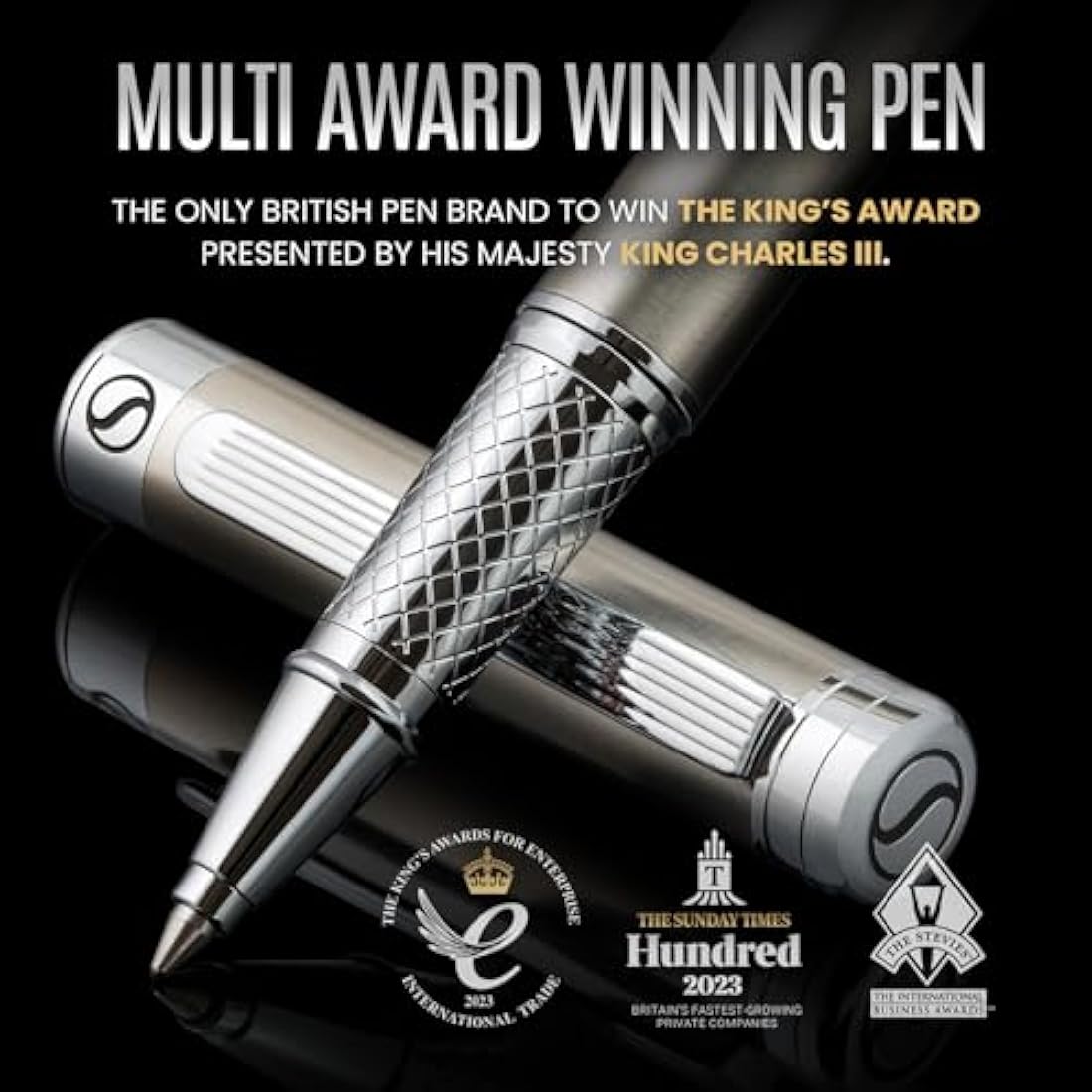 Scriveiner Stainless Steel Rollerball Pen - Stunning Luxury Metal Pen with Silver Chrome Finish, Schmidt Ink Refill, Best Roller Ball Pen Gift Set for Men & Women