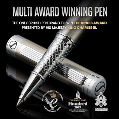 Scriveiner Stainless Steel Rollerball Pen - Stunning Luxury Metal Pen with Silver Chrome Finish, Schmidt Ink Refill, Best Roller Ball Pen Gift Set for Men & Women