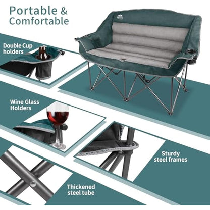 LANMOUNTAIN Fully Padded Folding Double Camping Chairs,Comfy Oversized Loveseat Lawn Chair w/Wine Glass Holder,Cup Holder,Heavy Duty Outdoor Portable Camp Couch Support 600 Lbs,Dark Green
