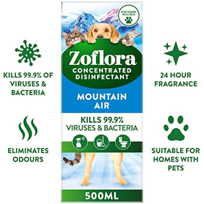 Zoflora Fresh Home Mountain Air Concentrated Disinfectant Liquid, Pack of 6 x 500ml,Pet-Safe Multi-Surface Cleaner, Antibacterial, Kills 99.9% of Germs