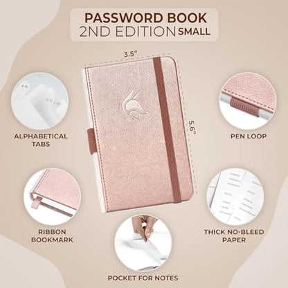 Clever Fox Password Book 2nd Edition Small – Pocket Password Keeper with Laminated Alphabetical Tabs – Internet Address Notebook & Login Details Organizer Journal – 8.9x14.2cm (Rose Gold)