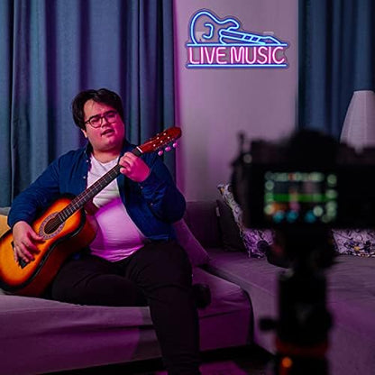 Live Music Neon Signs Blue Pink Music LED Neon Lights Letters Neon Sign Guitar Shaped Light up Sign for Bar Music Stadio Nightclub Party Wall Decor Gift for Boys Girls