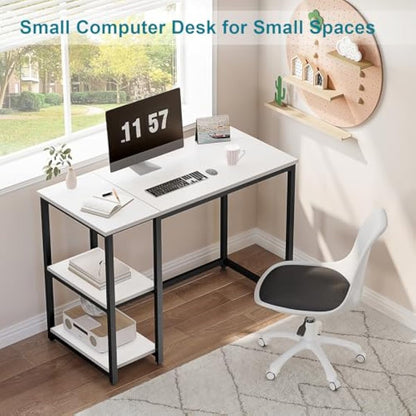 WOHOMO Computer Desk with 2-Tier Shelves 100cm Small Home Office Desk with Large Storage Space Sturdy Modern Gaming Desk for Bedroom Study Writing Laptop Table, White