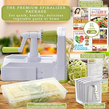 Brieftons 7-Blade Vegetable Spiralizer: Strongest-Heaviest Spiral Slicer, Best Veggie Pasta Spaghetti Maker for Low Carb/Paleo/Gluten-Free Meals, with Blade Caddy, Container, Lid & 4 Recipe Ebooks