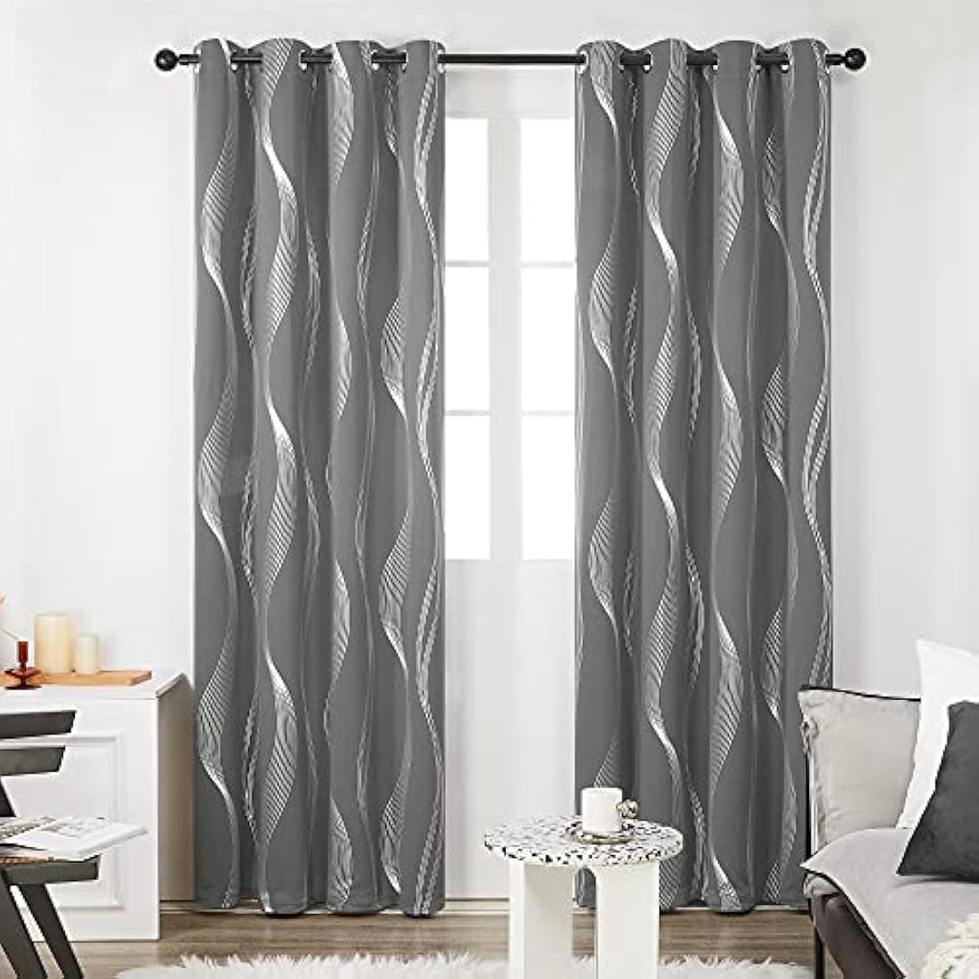 Deconovo Grey Blackout Curtains for Living Room 72 Drop Silver Wave Line Foil Printed Blackout Curtains Thermal Insulated Curtains Eyelet Curtains for Baby Nursery 66 x 72 Inch Light Grey Two Panels