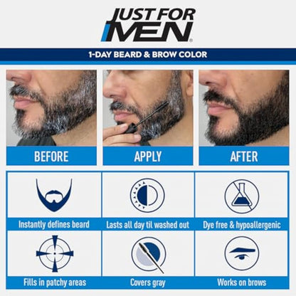 Just For Men 1-Day Beard and Brow Colour Brush, For Instant 1-Step Grey Coverage, Brush-In, Wash-Out, For A Thicker Well-Defined Look, Dark Brown