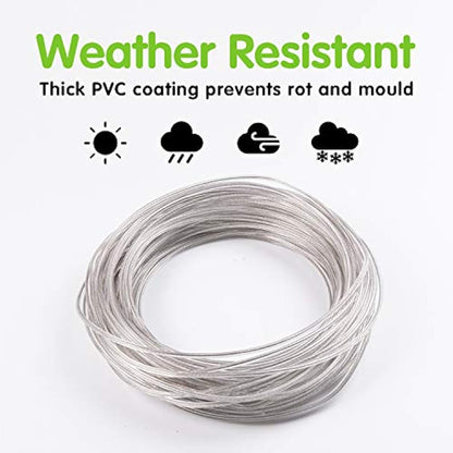 GZBtech 30m/100ft Clothes line for Outside Drying,Heavy Duty Extra Strong Washing Lines Rope with Steel Core & White PVC Cover, Rust-proof and Waterproof Laundry Line Outdoor Garden-Transparent