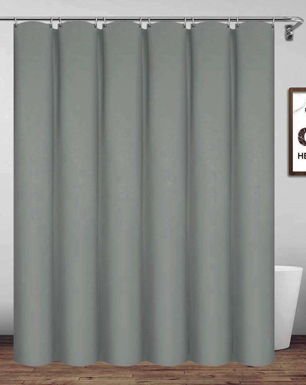 Homehold 200x200cm Gray Shower Curtain With Hooks, Extra Long Polyester Waterproof Bathroom Curtain