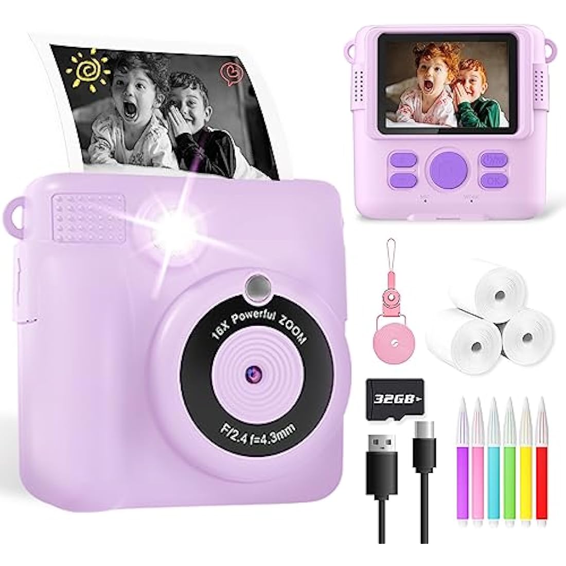 YORKOO Kids Camera for Girls Boys, Instant Camera for Kids with Print Photo Paper, 1080P HD Digital Camera Toy, Birthday Gifts for 3 4 5 6 7 8 9 10 Years Old Girl, Video Recorder, 32GB SD Card