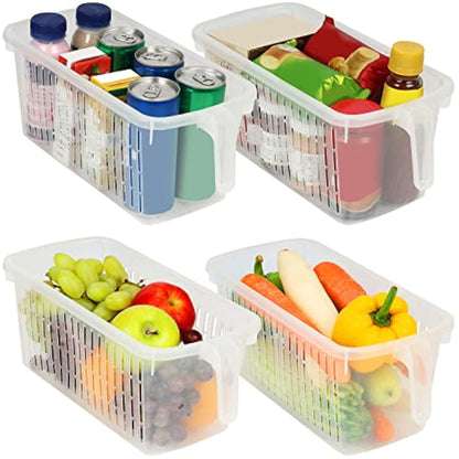 Kurtzy 4 Pack Kitchen Fridge & Cupboard Storage Containers with Handles - 32cm/12.6 Inches Overall Length - Clear Plastic Refrigerator Tubs for Bathroom, Pantry, Drawer, Freezer and Home