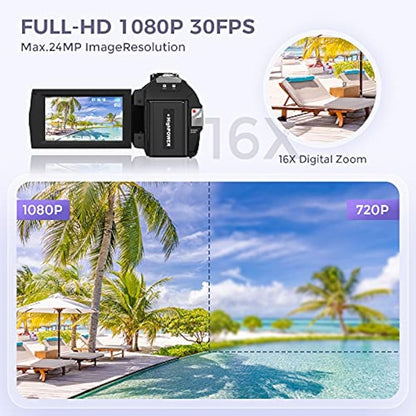 Sunscien Video Camera Camcorder, Full HD 1080P Digital YouTube Vlogging Camera Recorder,Video Camera 30FPS 3.0 Inch LCD 270 Rotatable Degrees IPS Screen with Remote Control 2 Batteries