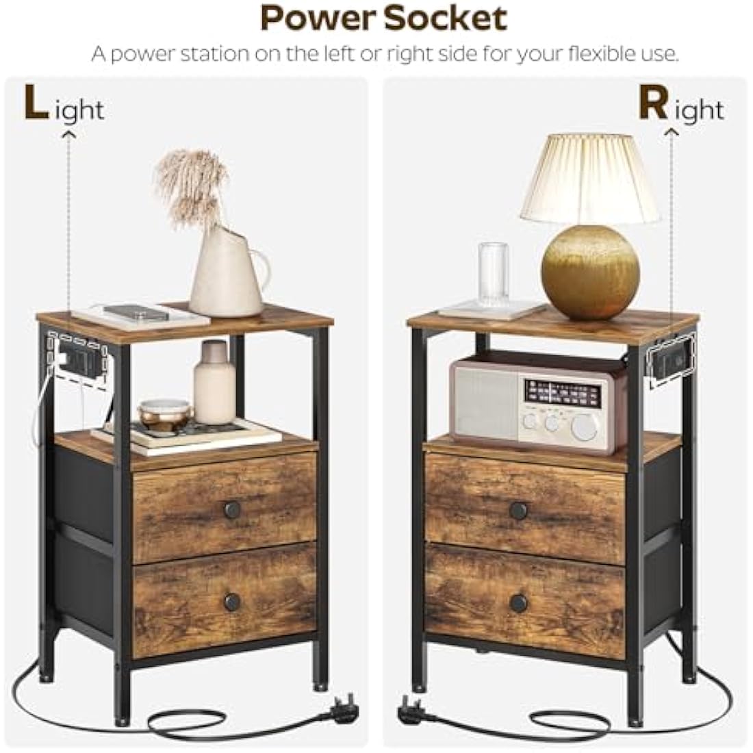 YATINEY Bedside Table with Charging Station, End Table with 2 Drawers and 2 Shelves, Nightstand with Outlet and USB Ports, Industrial Side Table for Living Room, Bedroom, Study, Rustic Brown XET02KBR