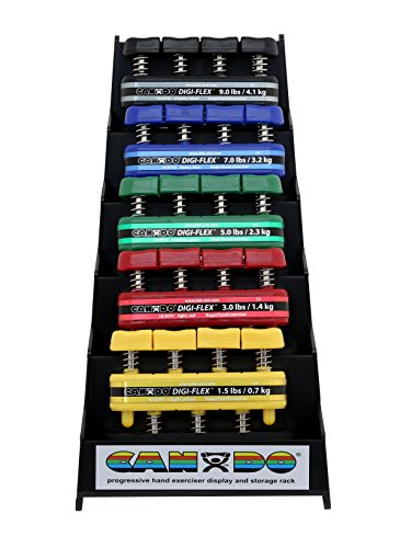 Cando 10-0746 Hand exerciser SET - finger grip strengthener Digi-Flex, (1 per difficulty level - very easy to very difficult) and display,Yellow thru Black - 5 pc Set with display