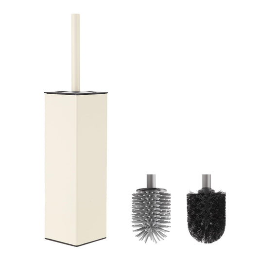 BVL White Toilet Brush, Square Silicon Toilet Brush and Holder, Free Standing Toilet Brush Including 2 Quick Drying Brush Heads