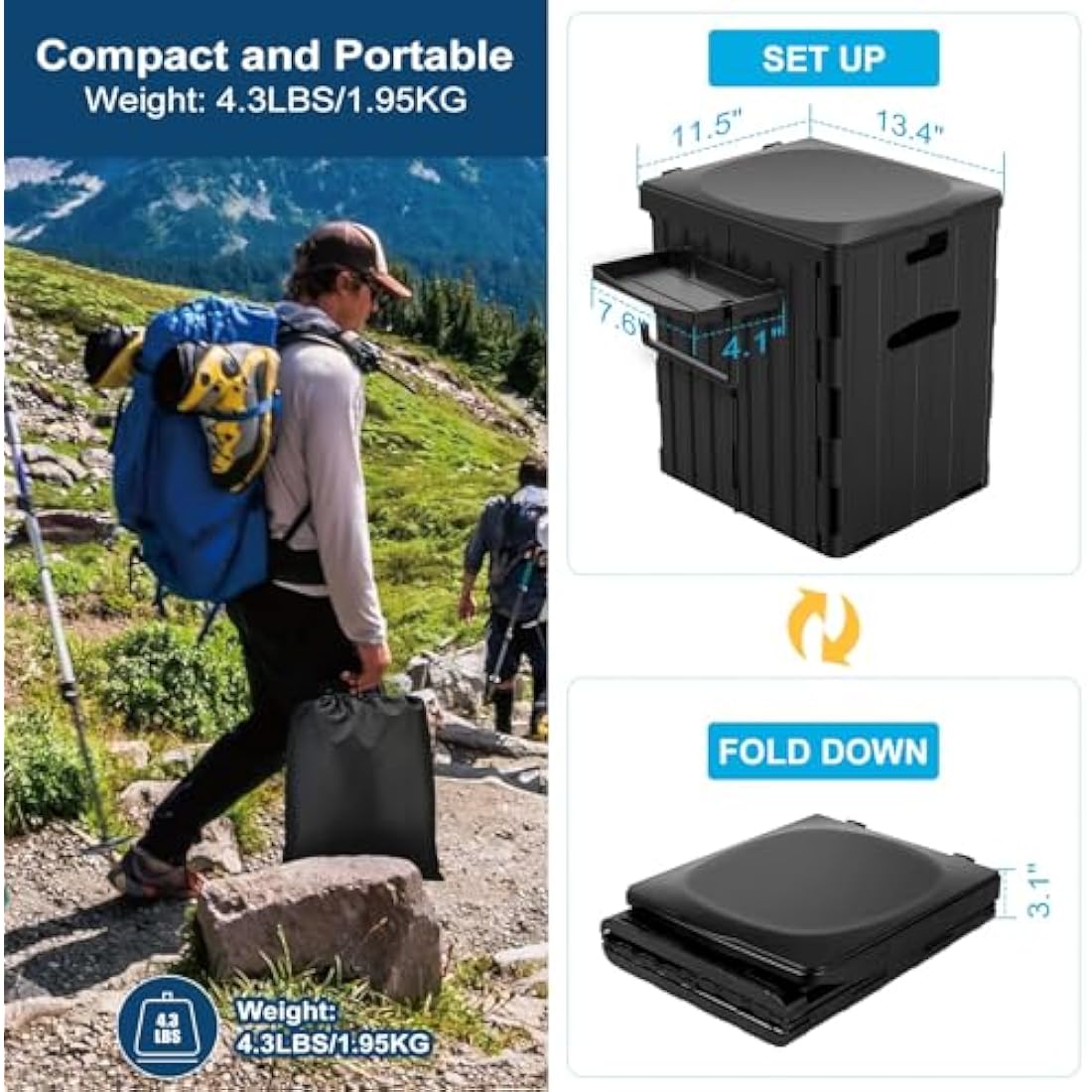 WADEO Extra-Large Camping Foldable Toilet, Heavy-Duty Portable Potty for Adults with Bigger Comfortable Seat & Sturdy Support, Travel WC for Heavy People, Big Guy, Elderly