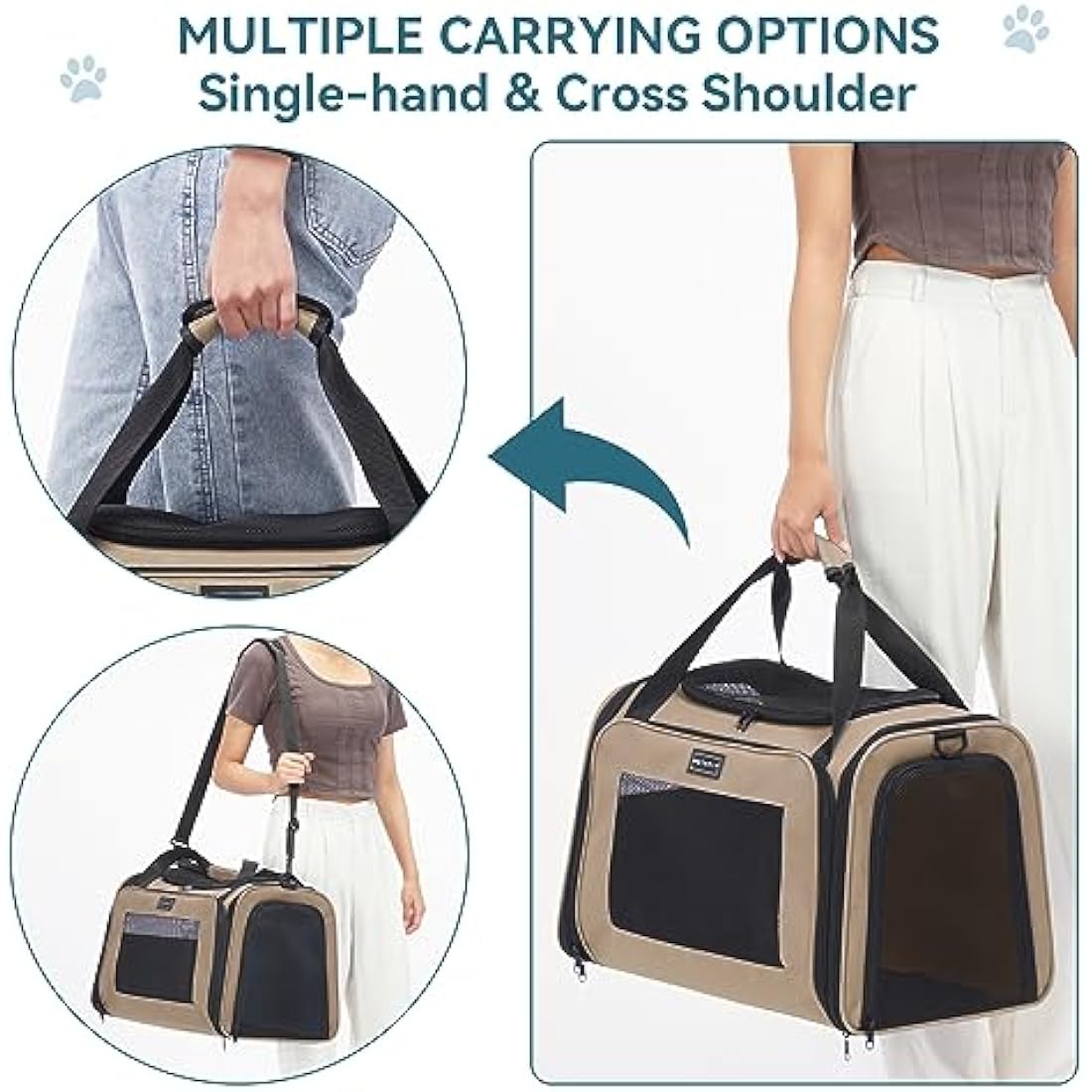 PETSFIT Dog Travel Carrier for Small Dogs with Extendable Fleece Pet Mat, Puppy Dog Carrier with Safety Leash for Pets Up to 25 Lbs (50 * 33 * 33CM, Khaki)