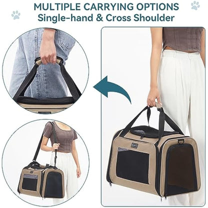 PETSFIT Dog Travel Carrier for Small Dogs with Extendable Fleece Pet Mat, Puppy Dog Carrier with Safety Leash for Pets Up to 25 Lbs (50 * 33 * 33CM, Khaki)