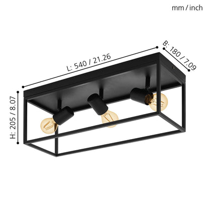 Eglo Silentina Flush Ceiling Light, Industrial Design Living Room, Kitchen, Hallway Lighting, Black Steel Ceiling Light Fitting, E27 Socket