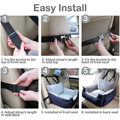 GoFirst Dog or Cat Booster Seat - Travel Car Bed with Storage Pocket, Clip-On Safety Leash, Waterproof Warm Plush, Navy Blue