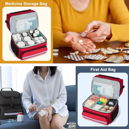 CURMIO Double Layer Medicine Storage Bag Empty, Family First Aid Organiser for Emergency Medical Kits, Portable Medicine Supplies Bag for Home and Travel, Red