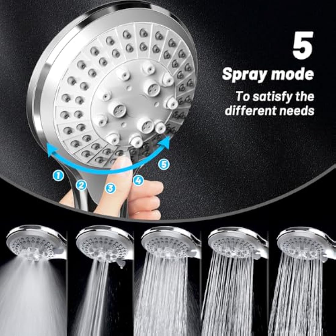 VEHHE Shower Head Powerful Flow with 1.5m Chrome Hose Pressure Boosting Shower Head Spray with 5 Modes Water Saving Bathing for Adults Children Pets Home and Gym Use