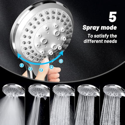 VEHHE Shower Head Powerful Flow with 1.5m Chrome Hose Pressure Boosting Shower Head Spray with 5 Modes Water Saving Bathing for Adults Children Pets Home and Gym Use