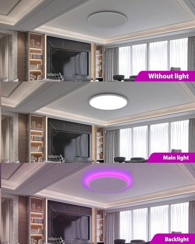 Peasur 42cm LED Ceiling Light 3000-6000K Large, 32W 4000LM Bathroom Light Dimmable with Remote Control, RGB Color Changing Backlight, Big Flush Round Ceiling Lights for Living Room Bedroom Kitchen