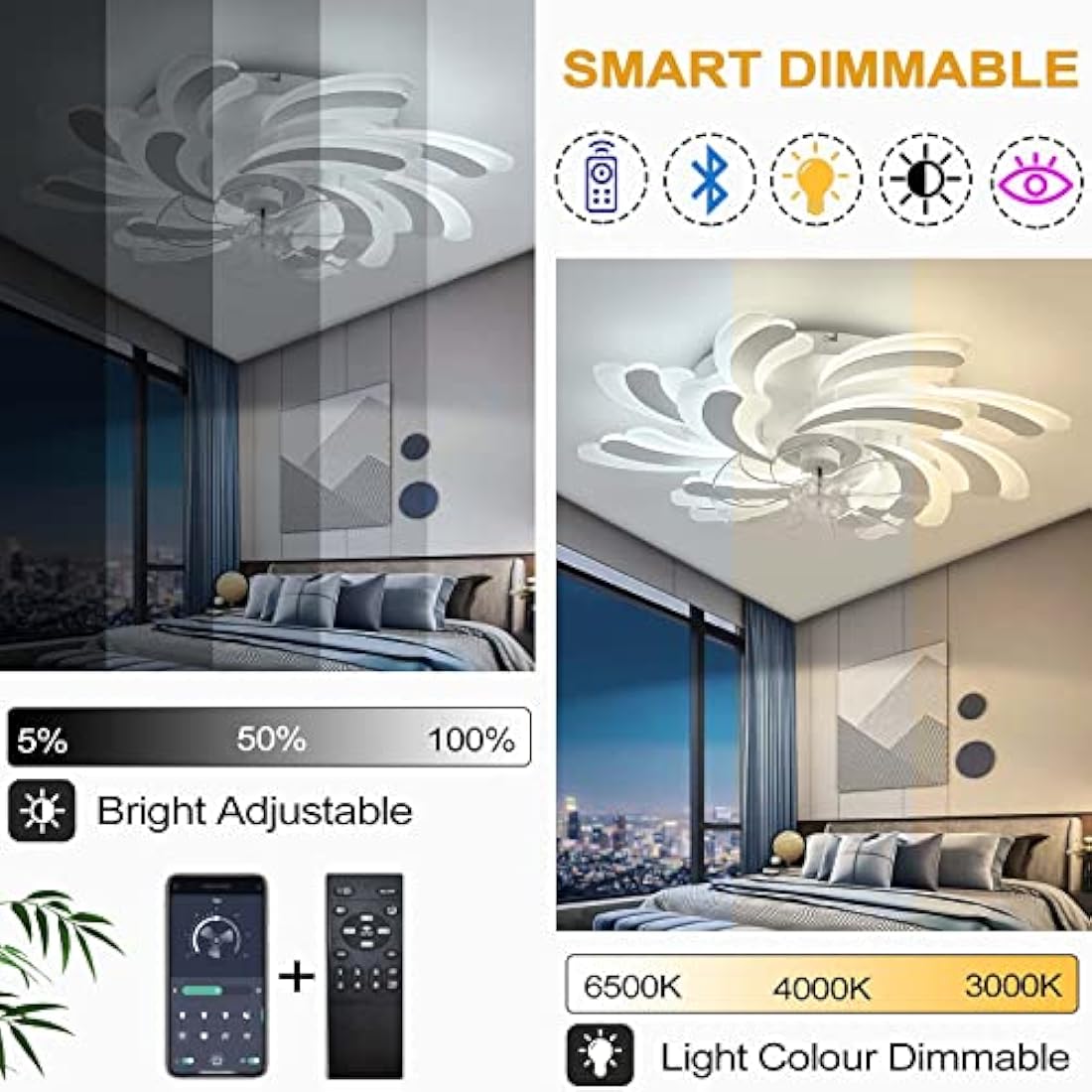 YUNZI LED 50W Ceiling Fan with Lamp, Quiet Fan Ceiling Light, Modern Dimmable Ceiling Fan Lighting for Living Room Dining Room Bedroom Kitchen, Adjustable 6 Speeds, White 80CM