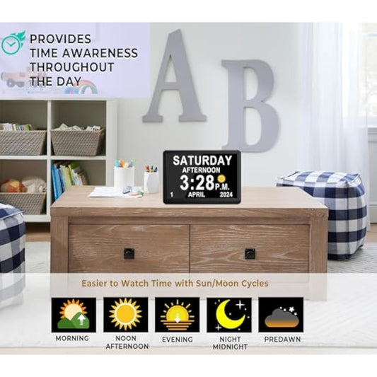 Véfaîî 10" Inch Large Digital Clock with Auto DST and Sun Moon Icons, Custom Reminders and Calendar, Day Date for Seniors Dementia Alzheimers' Clock with Remote Control