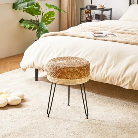 YMYNY Footstool Natural Seagrass Hand Weave, Vanity Makeup Stool, Pastoral Style Footrest, Padded Foot Rest with Metal Legs, Foot Rest Sofa Stool, for Living Room, 32×32×45CM Natural&White HBD029W