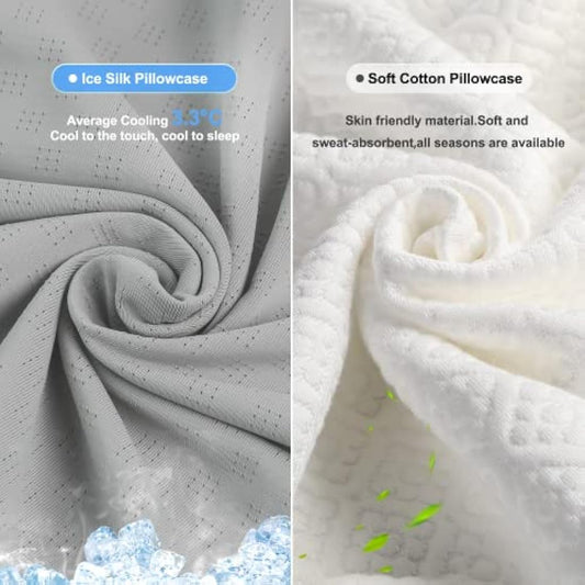 PKBD Memory Foam Pillow with Replacement Pillowcase(Cooling Ice Silk&Cotton),Neck/Shoulder Pain Relief,Ergonomic Orthopedic Cervical Pillow,Bed Pillow for Side,Back,Stomach Sleepers