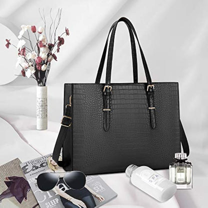 Lubardy Laptop Bags for Women Tote Bag 15.6 Inch Leather Large Ladies Handbag Work Bag Designer Business Shoulder Shopping Office Bag Black