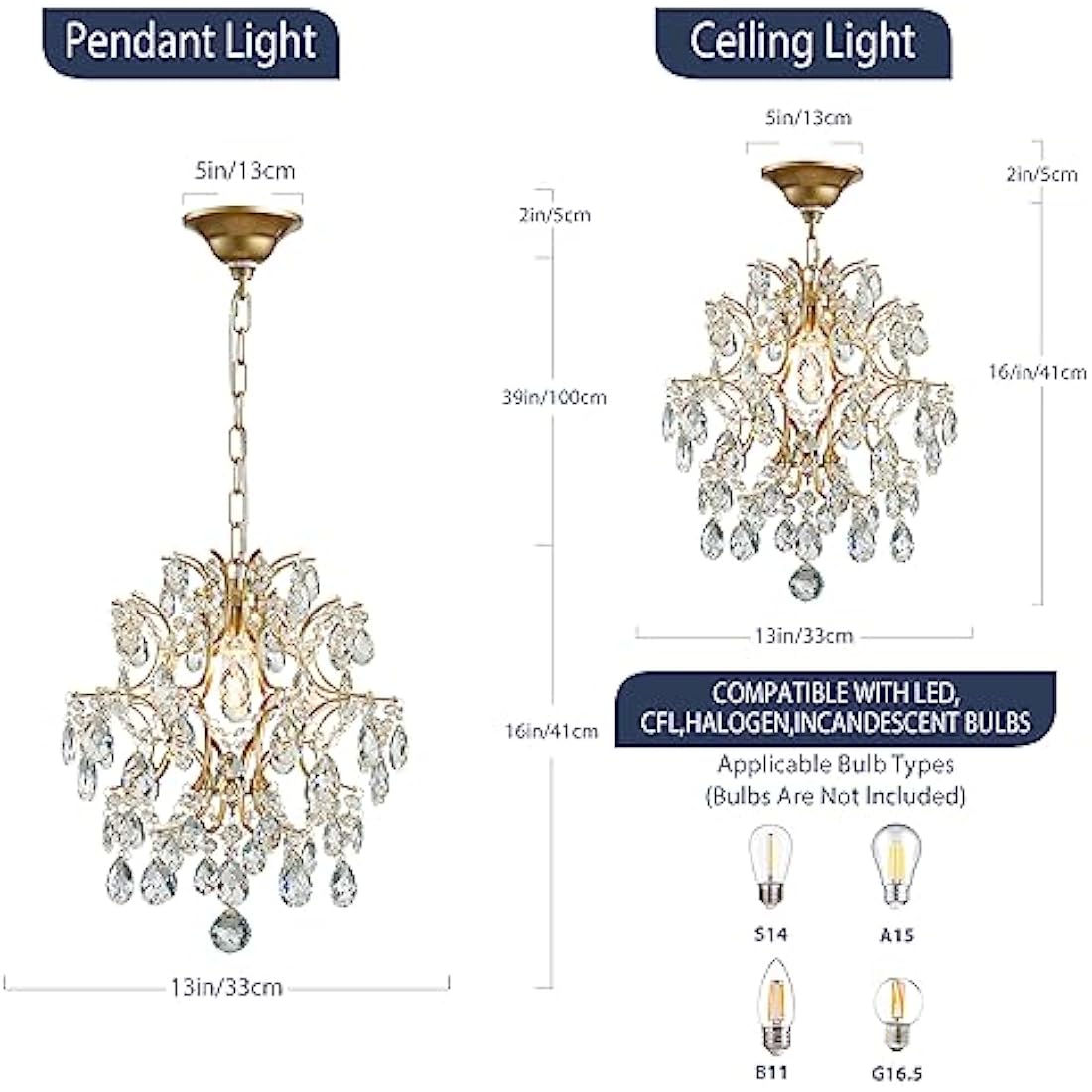BESTIER Gold Modern Pendant Chandelier Crystal Raindrop Lighting Ceiling Light Fixture Lamp for Dining Room Bathroom Bedroom Livingroom 1 E27 Bulbs Required D32cm x H40cm