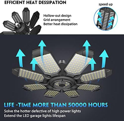 DEEIRAO LED Garage Ceiling Light, 260W 26000LM 6500K Deformable with 8+1 Adjustable Panels Commercia Bay Lamp for E26/E27 Screw Socket,Basement,Barn,Workshop,Attic (2 Packs)