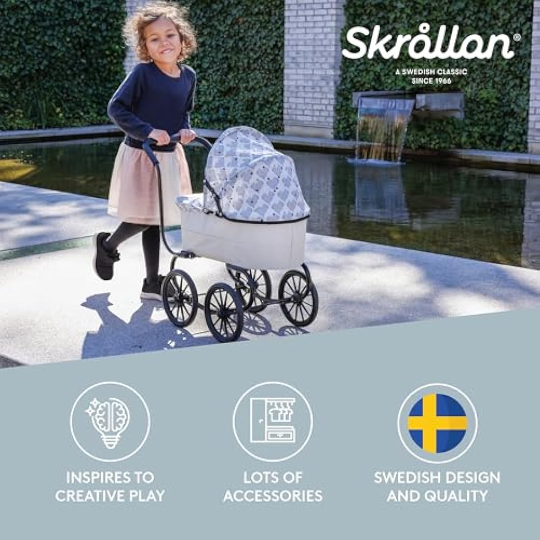 Skrållan Classic Dolls Pram – Sturdy Toddler Toy Stroller, Go for a Safe Walk, Nostalgic Baby Doll Pram, Toy Prams, Baby Doll Accessories, Lovely Swedish Design, Dolls Accessories for 3 Year Old