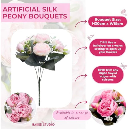 The Baked Studio - Silk Peony and Tea Rose Artificial Bouquet 9 Heads Realistic Fake Plant for DIY Craft Cake Living Room Home Wedding Decoration (LIGHT PINK)
