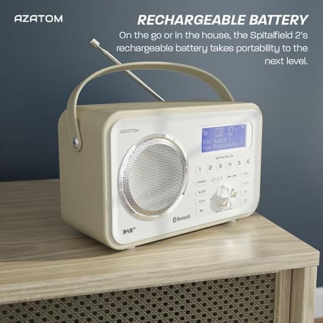 DAB/DAB+ & FM Portable Digital Radio | Leather Design | Bluetooth | Rechargeable Battery | Dual Alarms & Sleep Timer | Perfect for Home, Office or Outdoors | AZATOM Spitalfields 2 (White)