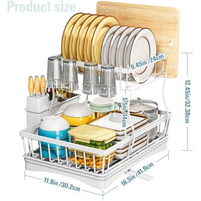 StowBin 2 Tier Dish Drainer Rack for Kitchen Counter - Space-Saving Dish Rack with Utensil Holder, Large Capacity Dish Drying Rack with Draining Board, White