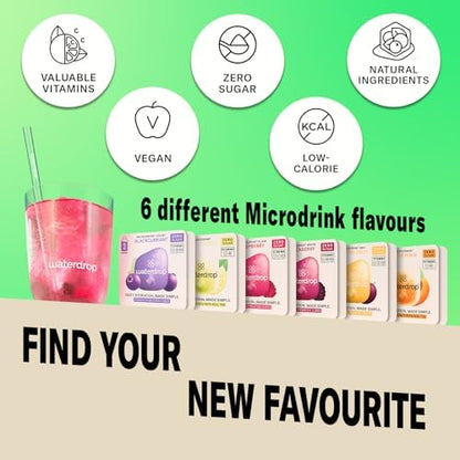 Microdrink waterdrop® Glass Starter Set – 600ml Borosilicate Glass Bottle + 18 Sugar-Free Hydration Cubes in 6 Flavours, Vitamin C & B Infused, BPA Free Water Bottle, Gift Set