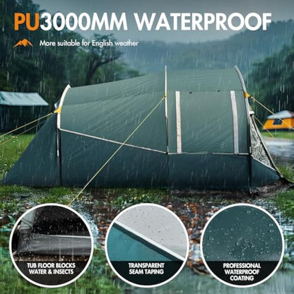 Portal 2-3 Man Tent Luxury 3000mm Waterproof with Porch Awning 3 Person Camping Tent with Sewn-in Groundsheet 2 Man with Bedroom Lightweight Tunnel for Festival Outdoor Hiking
