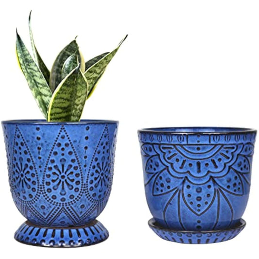 YFFSRJDJ 15CM Flower Pots-Set of 2. Beaded Ceramic Planter with Drainage Hole and Saucer for Plants, Indoor-Outdoor Large Round Succulent Plant Garden Pot-Blue
