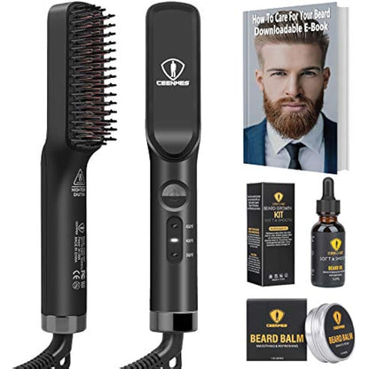 Ceenwes 3 in 1 Professional Beard Straightener with Beard Oil & Balm, Portable Hair Straightener Brush for Men & Women