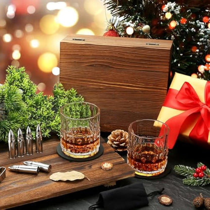 Sovyime Whisky Gift Set - Whiskey Glasses Set of 2, Whisky Glass & 6 Stainless Steel Whiskey Stones&Wooden Box, Whiskey Gift Sets for Men, Birthday Gifts for Men Dad Father Husband Brother Groomsmen