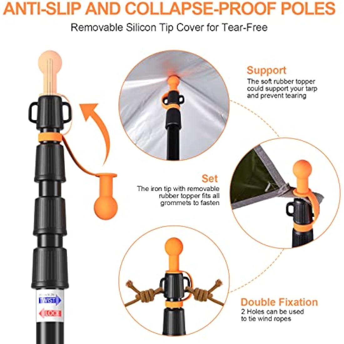 CAMULAND Tent Poles, Heavy Duty Tarp Poles Canopy Poles Aluminum Tent Poles with Non-Slip Cone Bottom, Adjustable Telescoping Tarp Poles