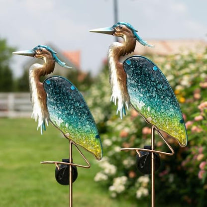 TERESA'S COLLECTIONS Garden Ornaments Outdoor Gifts for Christmas, Decorative Glass Blue Heron Solar Stake Light, Waterproof Metal Bird Solar Garden Light Decor for Lawn,Yard & Pond, 106cm