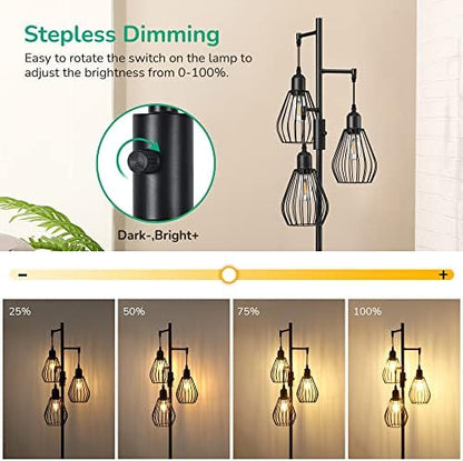 EDISHINE Industrial Floor Lamp, Dimmable Standing Lamp with Wire Cage Lampshade, Floor Lamps for Living Room, Bedroom, E27 Sockets, 3 LED Bulbs Included, Black Metal