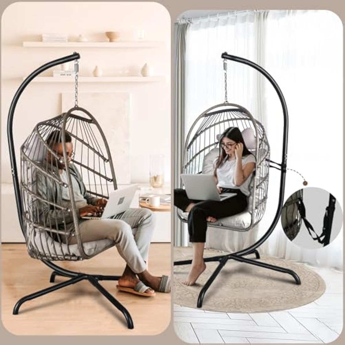 Chihee Egg Chair With Ultra Strong Stand and Cushion - Foldable Wicker Rattan Hanging Swing for Indoor Outdoor Patio Lounging - 330 lbs Capacity Hammock for Balcony, Porch, Bedroom, Garden