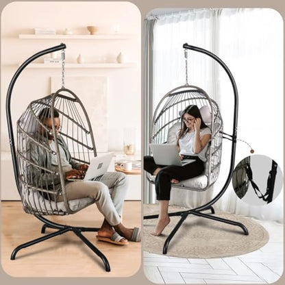 Chihee Egg Chair With Ultra Strong Stand and Cushion - Foldable Wicker Rattan Hanging Swing for Indoor Outdoor Patio Lounging - 330 lbs Capacity Hammock for Balcony, Porch, Bedroom, Garden