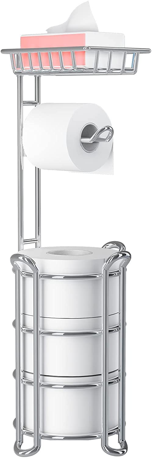Upgrade Toilet roll Holder Free Standing, Chrome Freestanding Toilet Paper Roll Holders with Shelf, Toilet Tissue Holder for bathroom